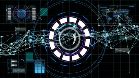 On load, data HUD spinning circle and pulsing network lines connecting world map 스톡 동영상 311140282