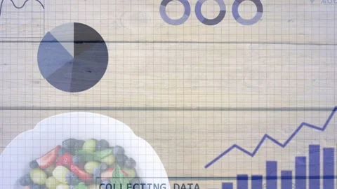 On load data layers revealing salad bowl while charts growing, pie rotating, Stock Footage 333540142