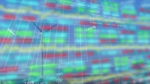 On load data overlay appearing over wind turbine grid forming, line drawing Stock Footage 326974137