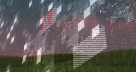 On load, data wall appearing over green band, tiles lighting, chart animating, Stock Footage 329471355