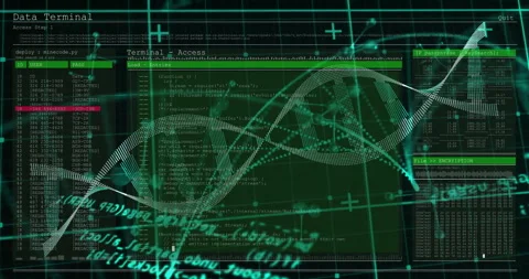 On load DNA helix floating over code, progress bar sweeping, windows sliding for Stock Footage 315576208