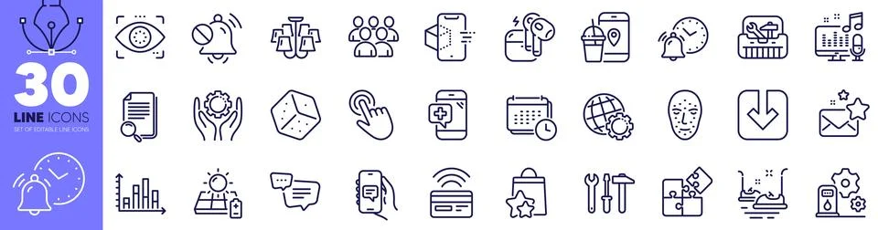 Load document, Puzzle and Chat app line icons pack. For web app. Vector Stock Illustration