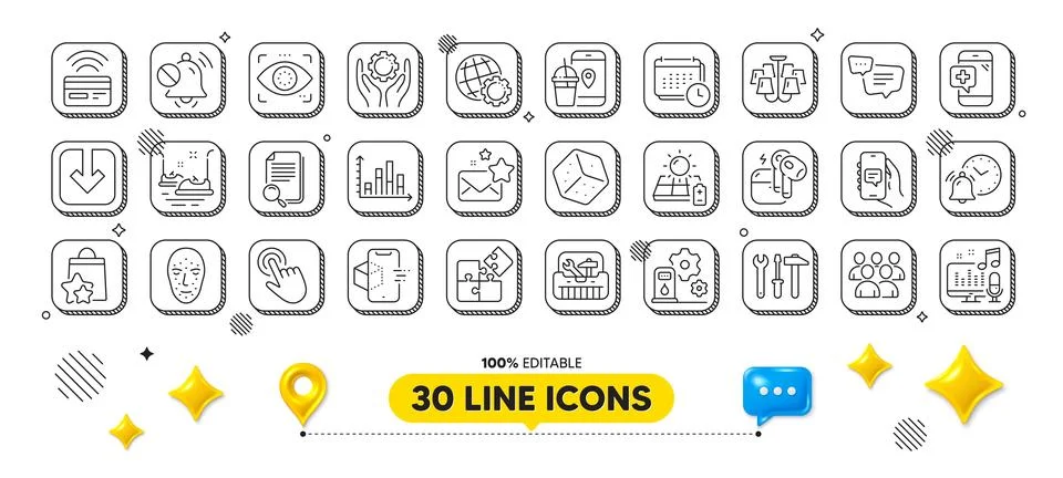Load document, Puzzle and Chat app line icons pack. For web app. 3d design Stock Illustration