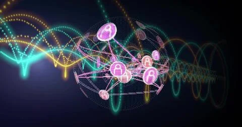 On load dotted network sphere expanding, linking pink user icons, visualizing Stock Illustration