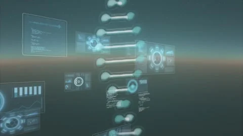 On load double-helix rotating and tilting while holographic panels sliding in, Stock Footage 329472867