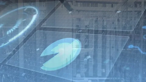 On load, dual holograms rotating opposite ways on panel while code flickering Stock-Footage 320067958