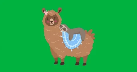 On load flat-design brown llama carrying sloth on rug against transparent Stock Footage 317284814
