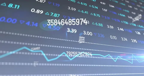 On load floating numeric IDs shifting with arrows, scrolling teal line chart Stock Footage 311884686