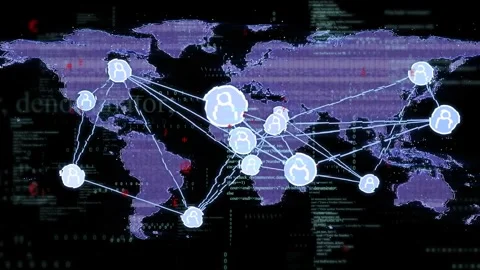 On load global network visual animating over purple map, avatars pulsing linking Vídeo Stock 334351798