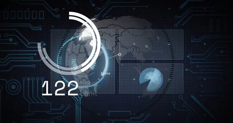 On load globe and HUD rotating while ring drawing, readout rising, panels Vidéo 328469551