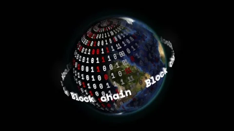On load globe rotating, bits spiraling while Block chain ring circling equator, Stock Footage 328485518