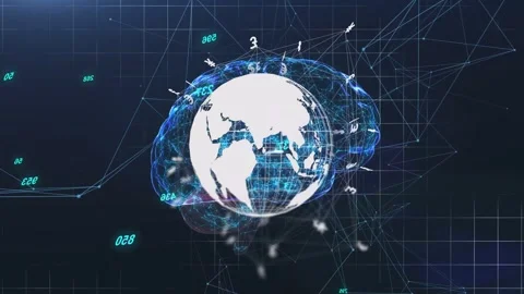 On load globe rotating, holo brain network pulsing, currency symbols orbiting to Stock Footage 334788388