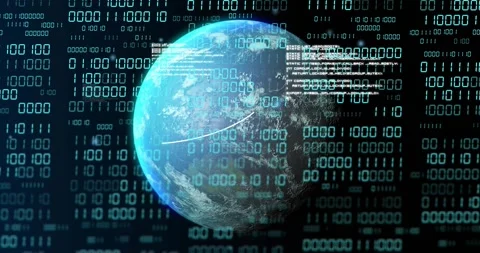 On load globe rotating while binary grid scrolling and HUD panels fading, Stock Footage 328583902