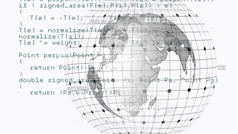 On load globe rotating while camera shifting and code scrolling, showing global Stock Footage 322119776