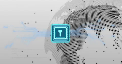 On load glowing key icon pulsing, matrix globe rotating, code scrolling Stock Footage 312915867