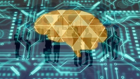 On load golden brain moving over turquoise circuitry showing city as team Stock Footage 335732095