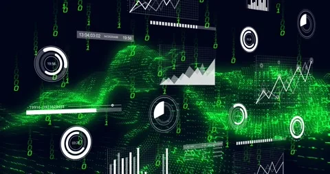On load green wave flowing with HUD gauges rotating, binary digits falling, Stock Footage 328468956