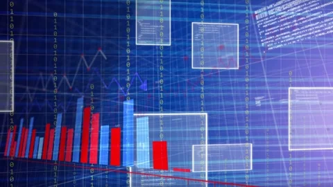 On load grouped 3D red and blue bars growing and sliding, panels floating, Stock Footage 335317443