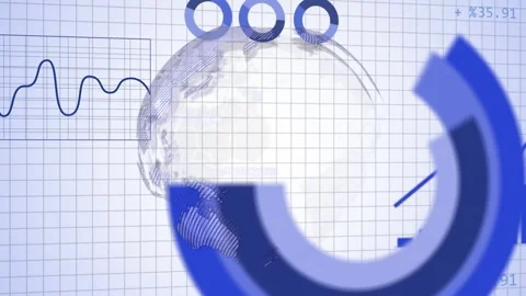 On load hatched globe rotating while bars and lines rising, arcs sweeping, Stock Footage 335235843