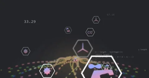 On load hexagonal data icons and code snippet gliding over grid to visualize Stock Footage 327450853
