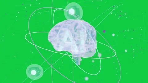 On load holo brain labeled AI rotating, rings, spheres orbiting, showing data in Stock Footage 337173070