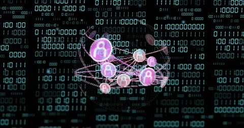 On load hologram globe network rotating while nodes pulsing and reconnecting, Stock Footage 328583929