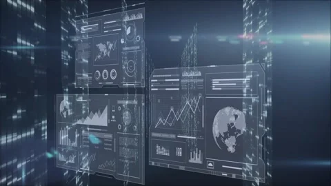On load hologram HUD stack shifting line charts rising bars growing globe Stock Footage 328446640