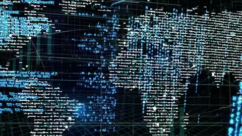 On load hologram world map forming from code, camera panning streams and nodes Stock Footage 337912958