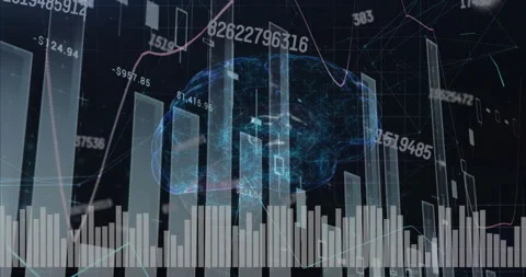 On load holographic brain pulsing while bar graphs rising and falling to Stock Footage 314085182
