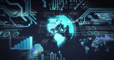 On load holographic cyan globe rotating in analytics HUD, revealing continents Stock Illustration