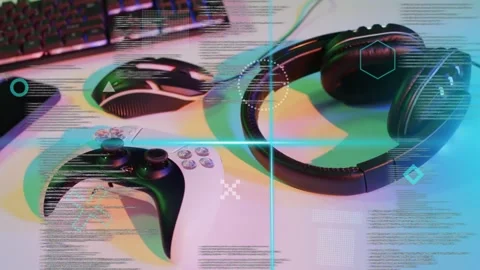 On load HUD elements sweeping over desk, crosshair aligning controller, headset, Stock Footage 335465468