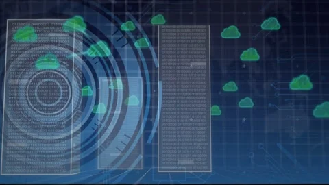 On load HUD servers appearing one-by-one with code overlay, cloud icons Stockbeeldmateriaal 335651630