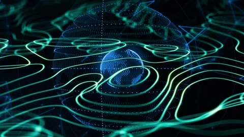 On load inner dotted globe rotating while outer shell forming, ribbons Stock Footage 335732068