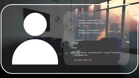 On load large avatar appearing; code panel filling, scrolling, revealing profile Stockbeeldmateriaal 334322063