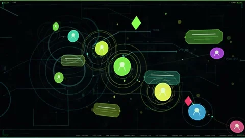 On load large green node pulsing while panels sliding and markers moving, Stock Footage 335404366