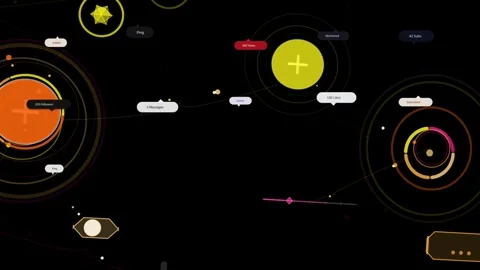 On load large orange multi-ringed node pulsing, sending dots and sliding labels Stock Footage 335424835