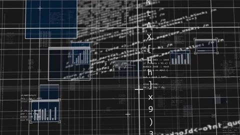 On load layered data interface panning, blue panels shifting and column Stock Footage 340674936