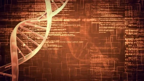 On load left DNA helix rotating, shifting, code blocks scrolling and Stock Footage 329576531