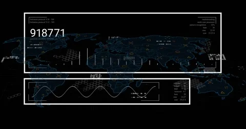 On load map dashboard animating counters rising, spikes pulsing, waveform Stock Footage 328230334