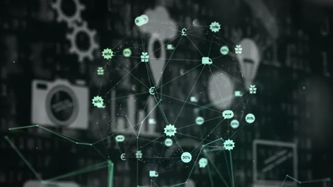 On load mint-green node network rotating and pulsing, nodes linking to show 스톡 동영상 330653327