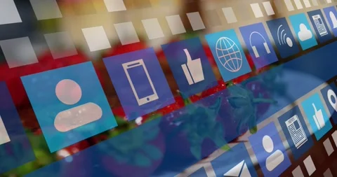 On load moving diagonal blue app tiles sliding across plate, revealing icons and Stock Footage 328347428