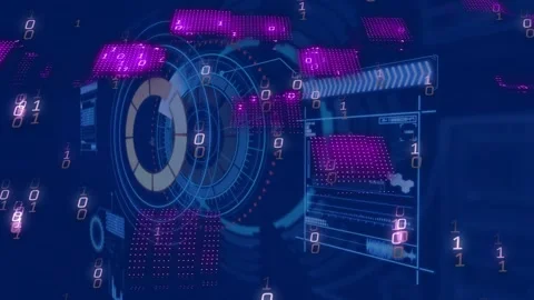 On load multi-ring HUD rotating, streaming binary while magenta tiles forming, Stock Footage 334788632