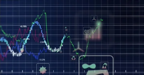 On load multiseries chart revealing traces, green line peaking, CO2 icons Vídeos de archivo 329505067