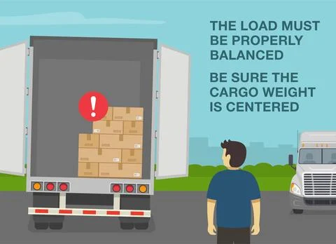 The load must be properly balanced and centered. Semi-trailer loaded with boxes. 스톡 일러스트