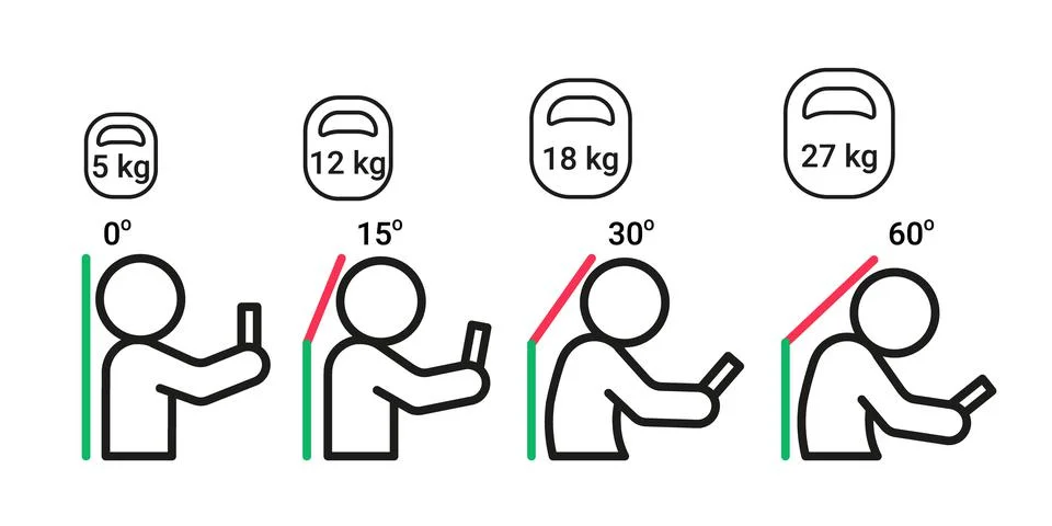 Load on neck and back when posture tilting head with phone, pain of weight Stock Illustration