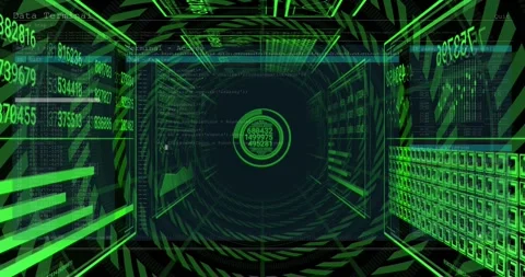 On load neon data tunnel HUD sliding panels, rings rotating, reticle cycling Stock Footage 329505791