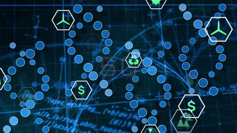 On load node network forming loops and linked clusters, pulsing hex badges Stock Footage 331635259