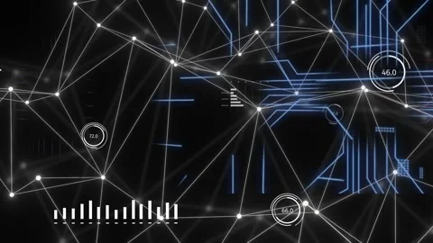 On load node network pulsing, lines shifting, gauges updating, charts sliding to Stock Footage 334322348