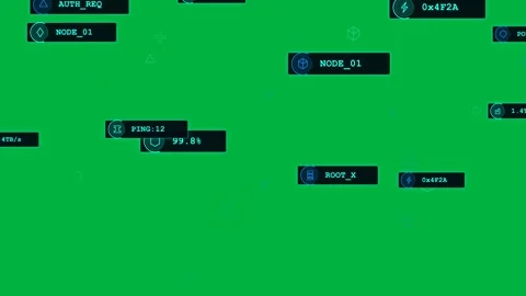 On load NODE_01,ROOT_X,PING:12 panels animating, icons drifting, showing net 스톡 동영상 333972390