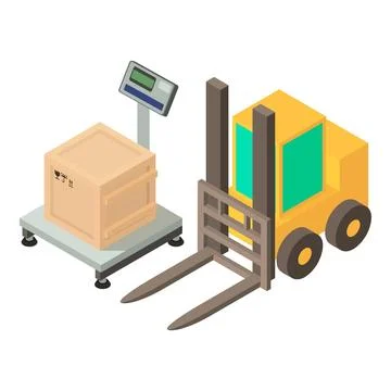 Load operation icon isometric vector. Electro floor scale and warehouse forklift Stock Illustration